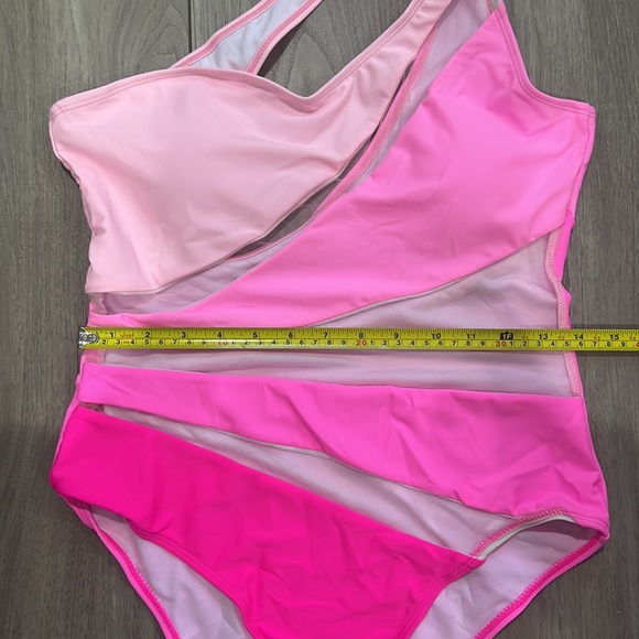 NEW Color Block One Shoulder Mesh Insert One Piece Swimsuit - Picture 8 of 11